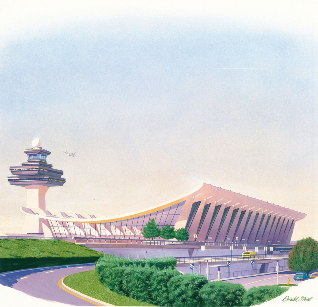Donald Moss (CT,MA,1920-2010) gouache painting: ARTIST: Donald Moss (Connecticut, Massachusetts, 1920 - 2010) TITLE: Cityscape - Dulles International Airport, Washington DC (titled on verso) YEAR: 1982 MEDIUM: gouache o