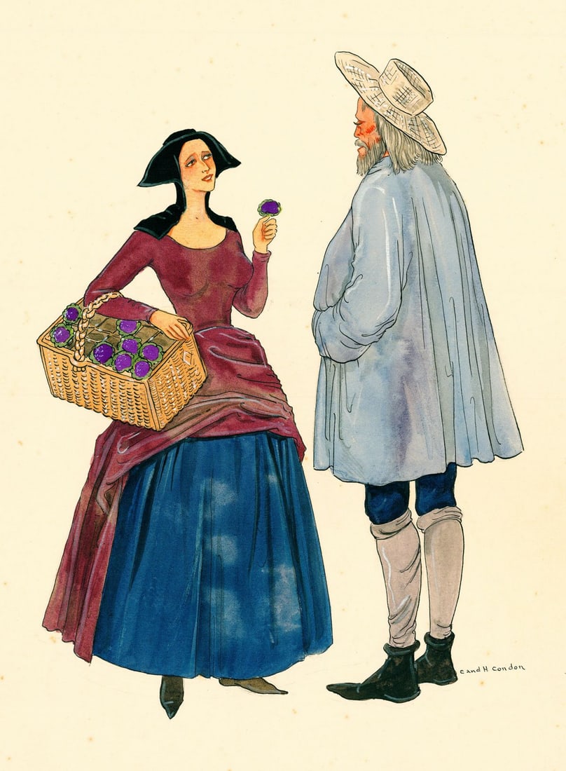 Hamilton Condon (US,Bahamas,early 20C) watercolor painting antique: ARTIST: Hamilton and Clarissa Condon (American, Bahamas, early 20 century) TITLE: Costumes, France 1500, Lower Classes MEDIUM: watercolor on paper CONDITION: Some crumpling.