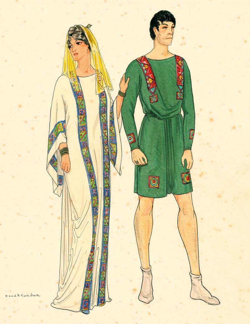 Hamilton Condon (US,Bahamas,early 20C) watercolor painting antique: ARTIST: Hamilton and Clarissa Condon (American, Bahamas, early 20 century) TITLE: Costumes, Italy 500AD, Middle Classes MEDIUM: watercolor on paper CONDITION: One nail hole
