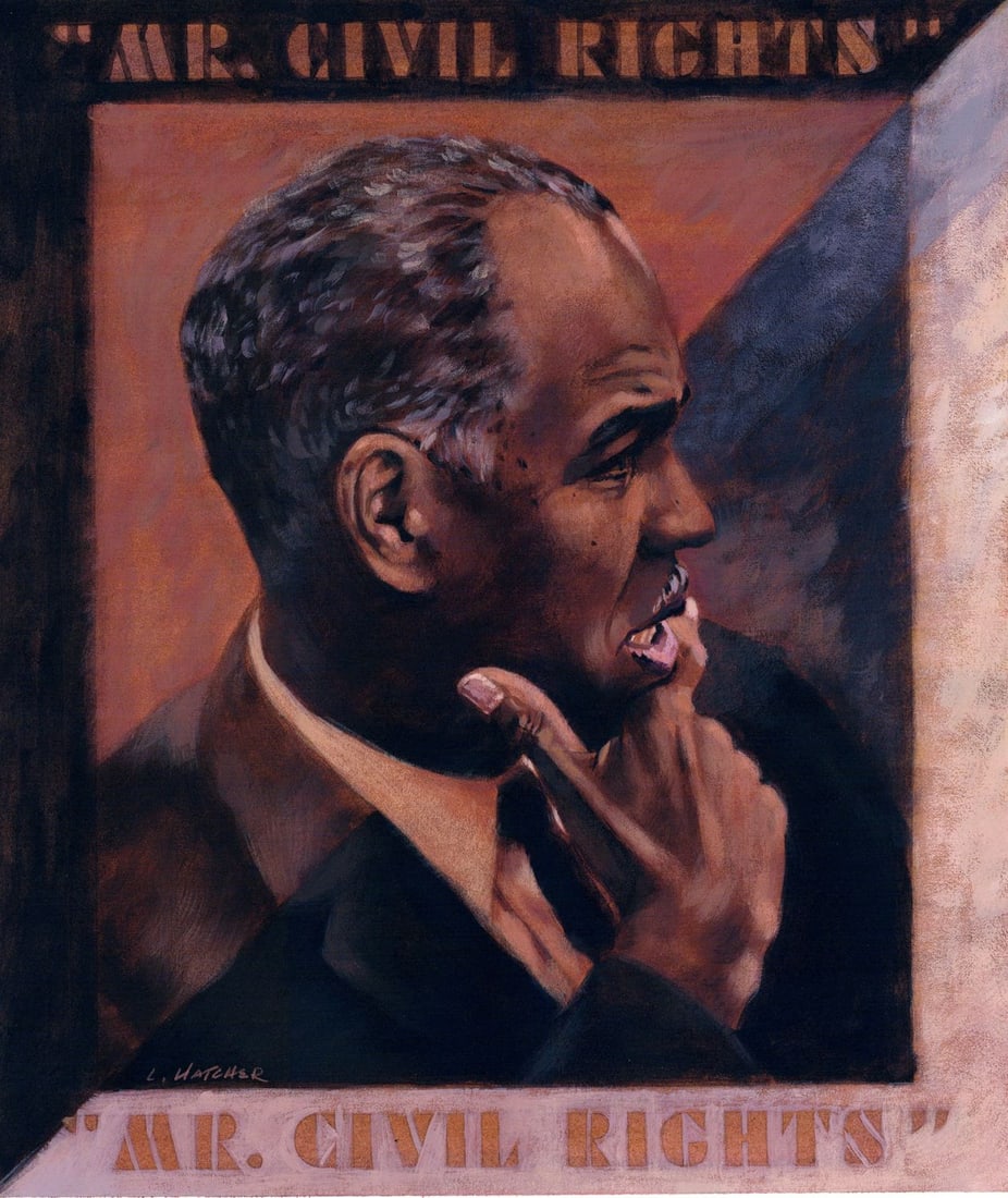 Lois Hatcher (US,1946-?) oil painting: ARTIST: Lois Hatcher (American, 1946 - ???) TITLE: Portrait of Roy Wilkens (titled on verso) YEAR: 2000 MEDIUM: oil on board CONDITION: Some samll damage
