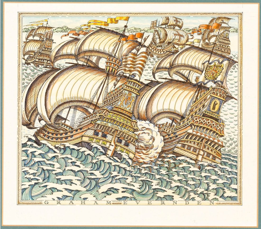 Graham Evernden (UK,1947-?) watercolor painting: ARTIST: Graham Evernden (United Kingdom, 1947 - ???) TITLE: Spanish Armada, Isle of Wight, UK (titled on verso) YEAR: 1988 MEDIUM: watercolor on board CONDITION