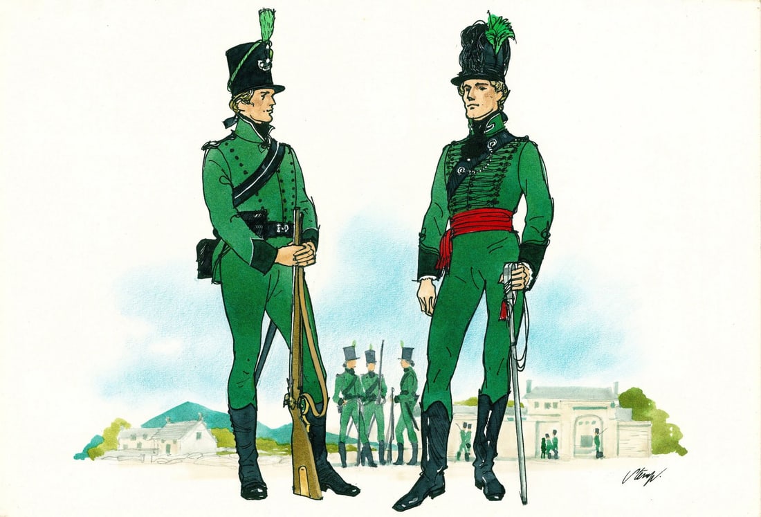 Eric Stemp (UK,1924-?) watercolor painting: ARTIST: Eric Stemp (United Kingdom, 1924 - ???) TITLE: Soldiers - The Rifle Brigade (titled on verso) YEAR: 1983 MEDIUM: watercolor on paper. Paper applied to board.