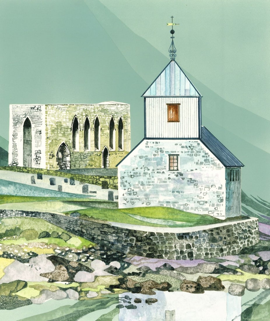 Barry Wilkinson (UK,1923-2007) watercolor painting: ARTIST: Barry Wilkinson (United Kingdom, 1923 - 2007) TITLE: Cityscape - Church of the Holy Magnus and Parish Church, The Faroe Islands (titled on verso) YEAR: 1983 MEDIUM: