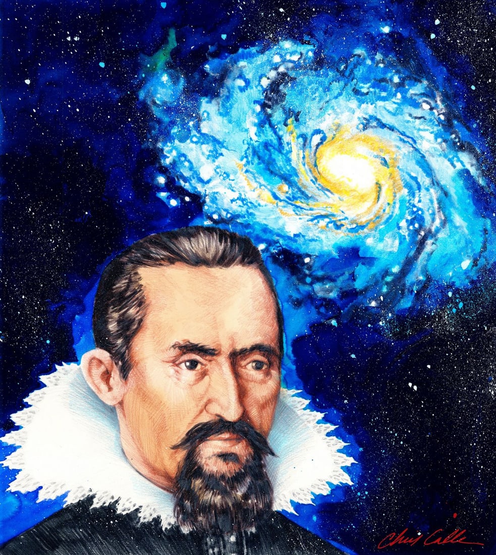 Chris Calle (CT,born 1961) mixed media painting: ARTIST: Chris Calle (Connecticut, born 1961) TITLE: Portrait of Johannes Kepler, Egg Nebula (titled on verso) YEAR: 2000 MEDIUM: mixed media on board CONDITION:</