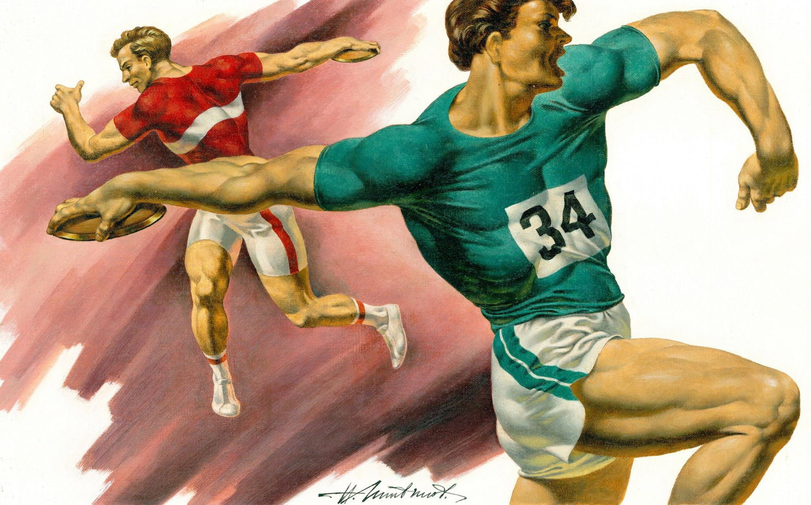 Nicolas Litvinov (Russia,1930-2005) oil painting: ARTIST: Nicolas Kirillovitch Litvinov (Russian, 1930 - 2005) TITLE: Olympics 1992 - Discus (titled on verso) YEAR: 1991 MEDIUM: oil on canvas. Canvas applied to board.