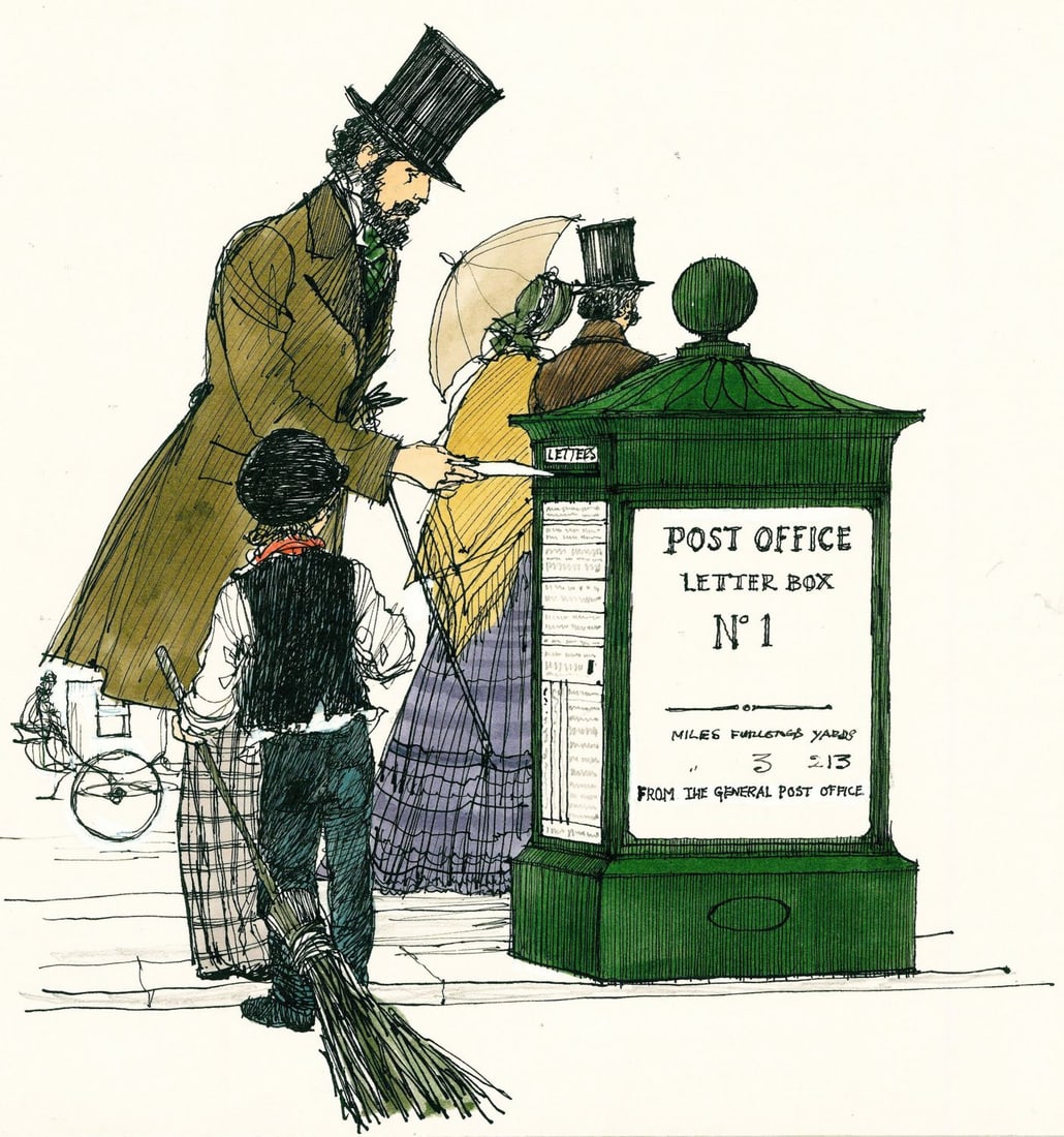 Eric Stemp (UK,1924-?) watercolor painting: ARTIST: Eric Stemp (United Kingdom, 1924 - ???) TITLE: Illustration - First London Letter Box, UK (titled on verso) YEAR: 1979 MEDIUM: watercolor on board CONDITI