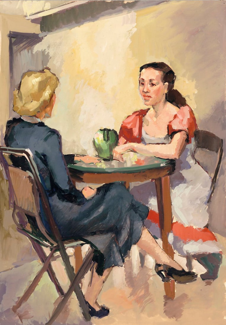 Charles Yeiser (NY,1925-2005) gouache painting: ARTIST: Charles Yeiser (New York, 1925 - 2005) TITLE: Two Women at Talk MEDIUM: gouache on board CONDITION: Minor damages to corners. Minor foxing. Some age toning.