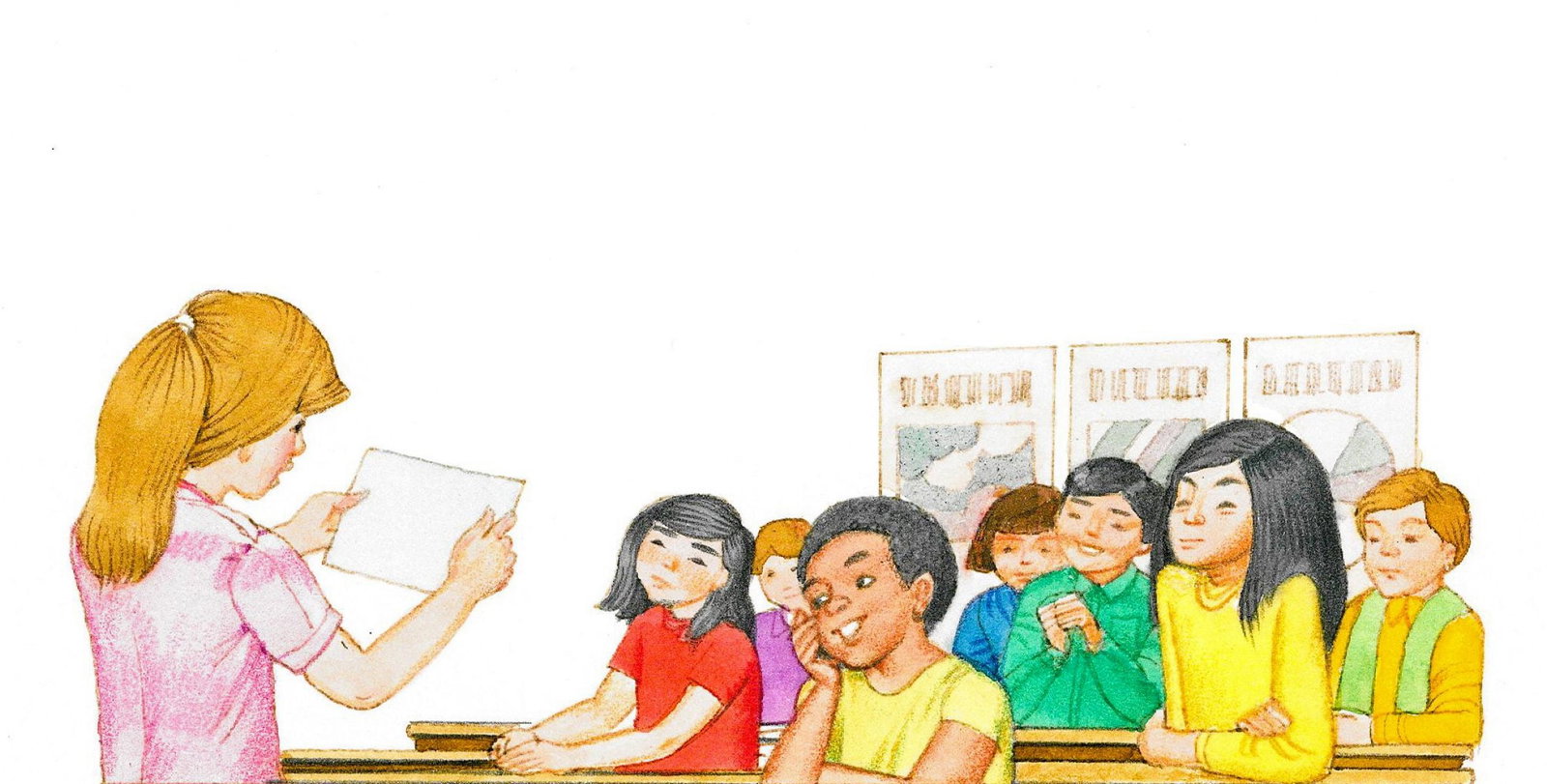 Alex Bloch (US,20C) watercolor painting: ARTIST: Alex Bloch (American, 20 century) TITLE: Illustration - Classroom Scene MEDIUM: watercolor on heavy paper CONDITION: Minor age toning. ART SIZE: