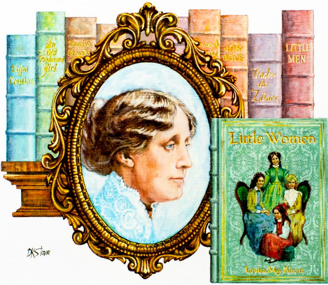 David Stone (OR,1922-2001) oil painting: ARTIST: David K Stone (Oregon, 1922 - 2001) TITLE: Portrait of Louisa May Alcott (titled on verso) YEAR: 1986 MEDIUM: oil on board CONDITION: Minor dam