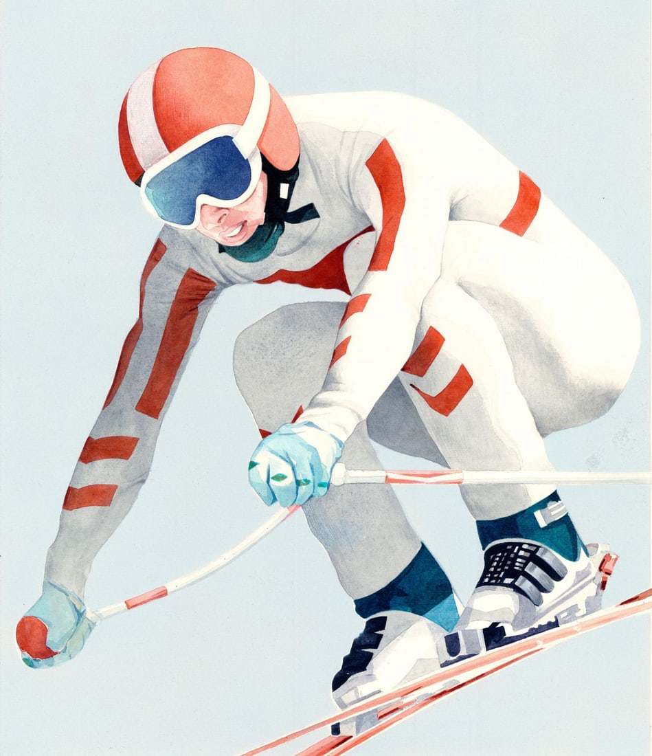 Andreja M Milenkovic (Serbia,1923-2005) watercolor painting: ARTIST: Andreja M Milenkovic (Serbian, 1923 - 2005) TITLE: Yugoslavia Olympics - Downhill Racer (titled on verso) YEAR: 1983 MEDIUM: watercolor on heavy paper CON