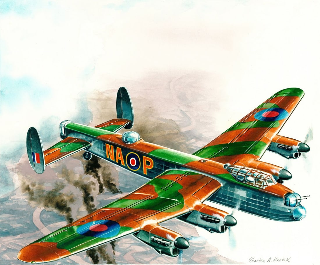 Charles Knotek (US,1933-2008) watercolor painting: ARTIST: Charles Knotek (American, 1933 - 2008) TITLE: Plane - Wings of Man II, Military Aircraft U7, Avro Lancaster (titled on verso) YEAR: 1980 MEDIUM: watercolor on boar