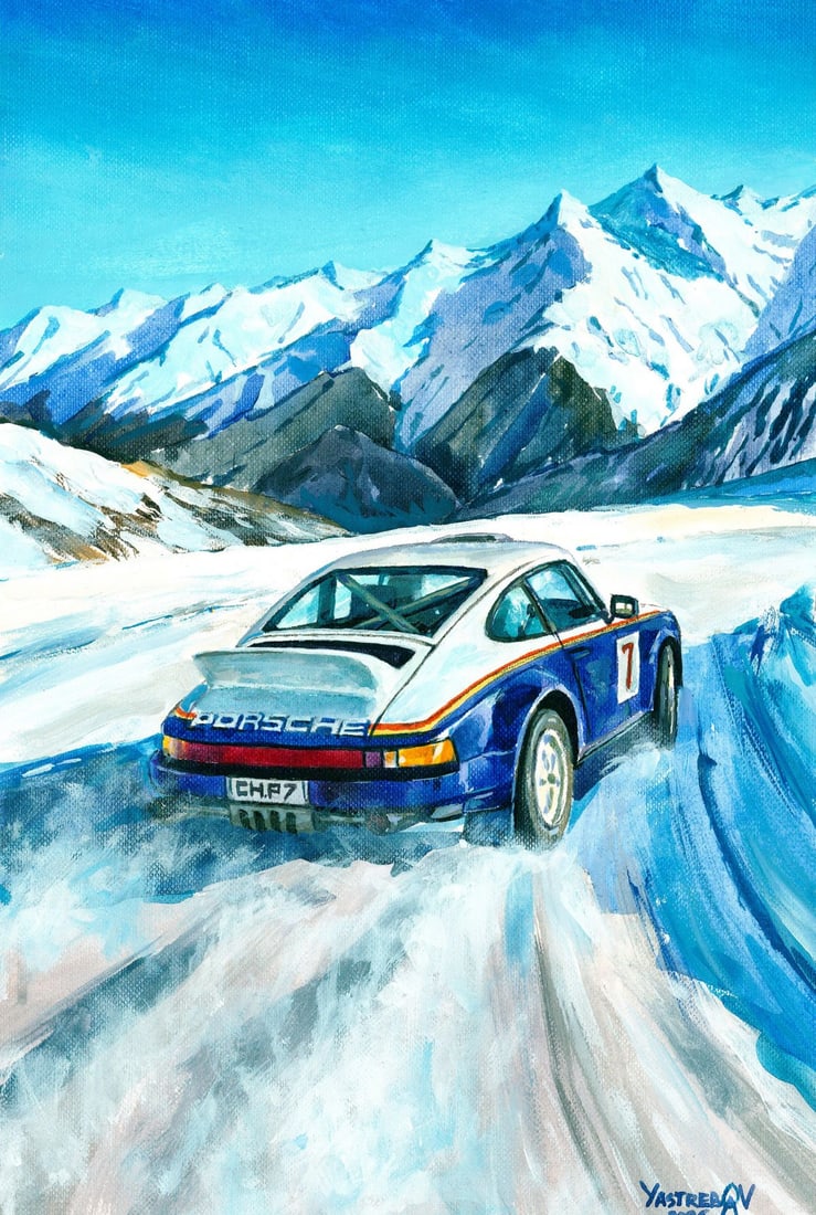 Aleksandr Yastrebov (Ukraine,b 1989) acrylic painting: ARTIST: Aleksandr Yastrebov (Ukrainian, born 1989) TITLE: Mountain Landscape with Porsche Car MEDIUM: acrylic on heavy paper CONDITION: Very good. ART SIZE: