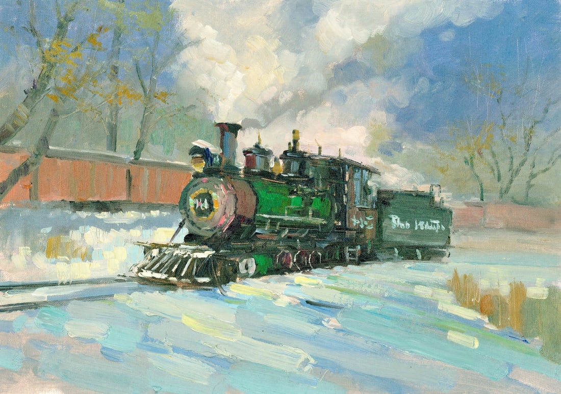 Volodymyr Budenkevych (Ukraine,20/21C) oil painting: ARTIST: Volodymyr Budenkevych (Ukrainian, 20/21 centuries) TITLE: Steam Train in Snow MEDIUM: oil on heavy paper CONDITION: Very good. No visible inpaint under UV light.