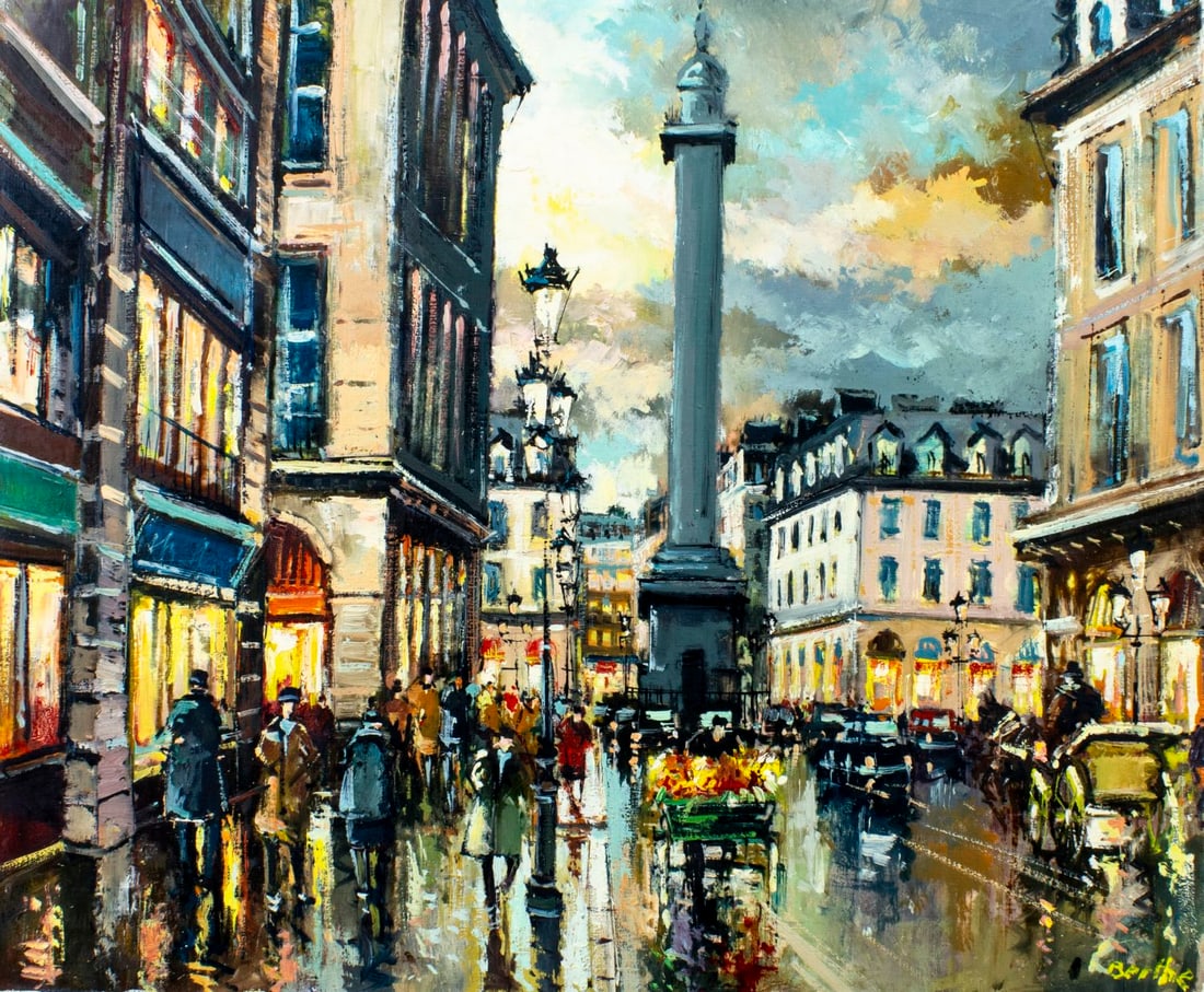 H Berthe (France,20C) oil painting: ARTIST: H Berthe (French, 20 century) TITLE: Place Vendome, Paris, France MEDIUM: oil on canvas CONDITION: Unstretched (In-House stretching available) (In-House stretching a