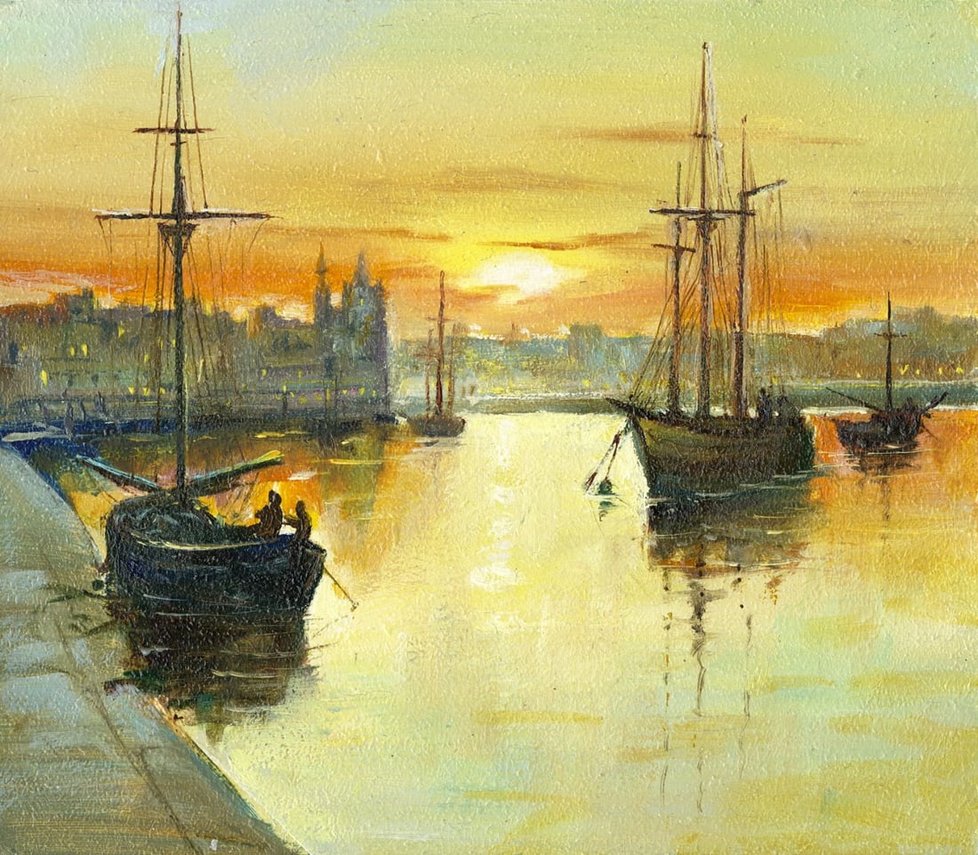 Sergey Kozachkin (Ukraine,b 1965) oil painting: ARTIST: Sergey Vasilievich Kozachkin (Ukrainian, born 1965) TITLE: Sunset Harbor Scene with Sailboats MEDIUM: oil on board CONDITION: Very good. No visible inpaint under UV