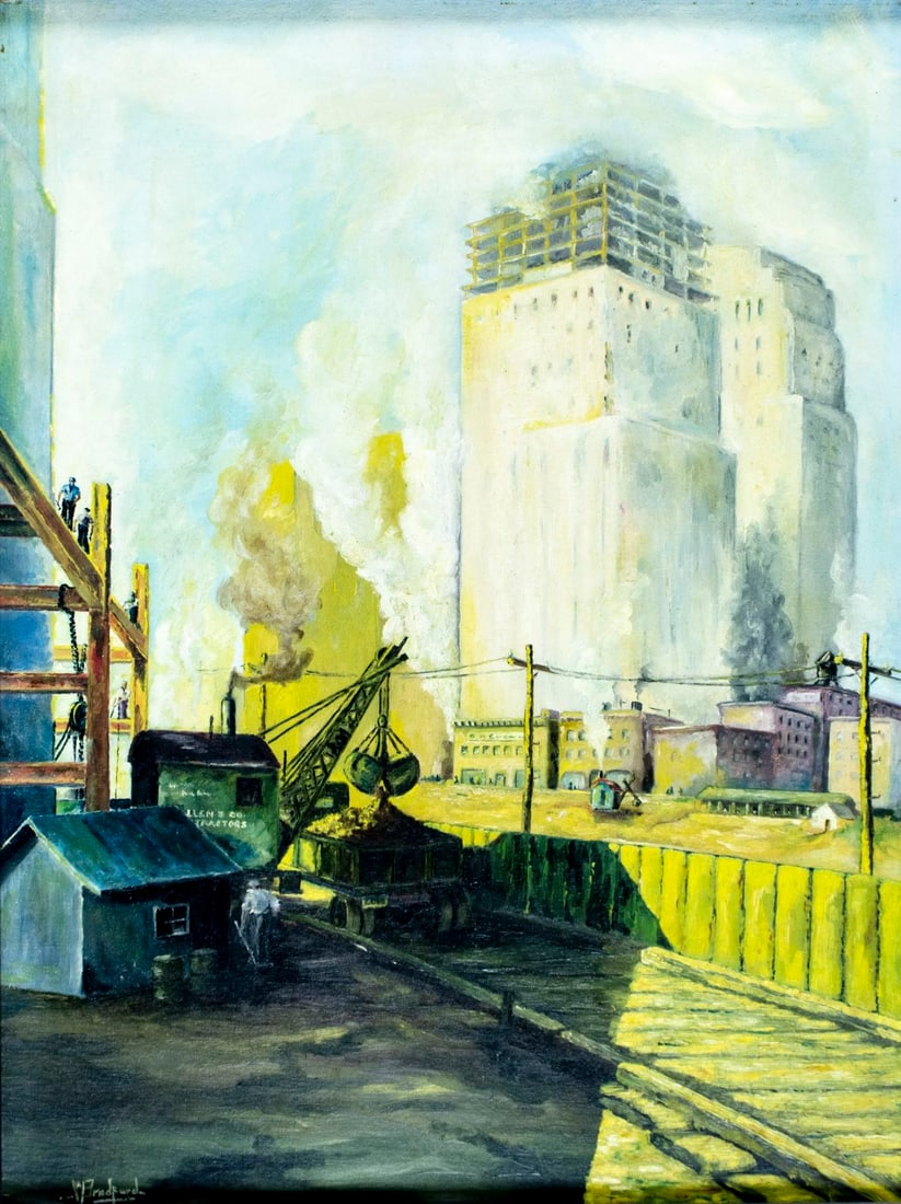 Bradford (US,mid 20C) oil painting: ARTIST: Bradford (American, mid 20 century) TITLE: Building Construction Scene MEDIUM: oil on canvas board CONDITION: Some paint losses. No visible inpaint under UV light. W