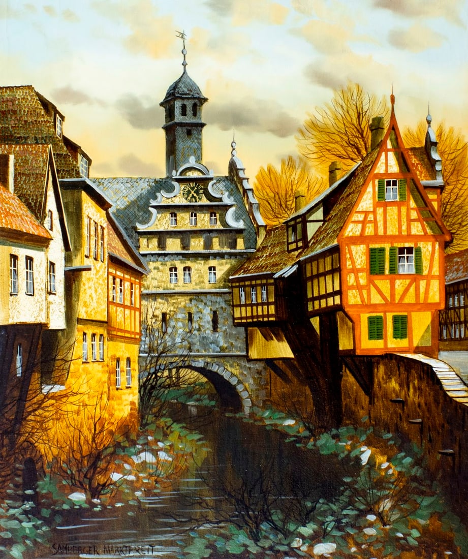 Peter Samberger (Austria,Germany,1929-?) oil painting: ARTIST: Peter Samberger (Austrian, German, 1929 - ???) TITLE: Marktbreit Canal Cityscape, Germany MEDIUM: oil on canvas CONDITION: Unstretched (In-House stretching availab