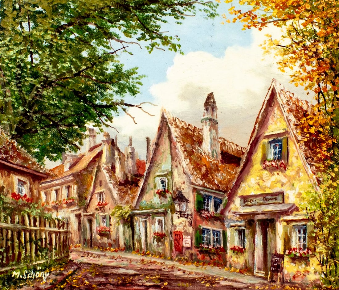 M Schony (German,1913-?) oil painting: ARTIST: M Schony (Germany, 1913 - ???) TITLE: Autumn Town Scene MEDIUM: oil on canvas CONDITION: Unstretched (In-House stretching available) (In-House stretching available