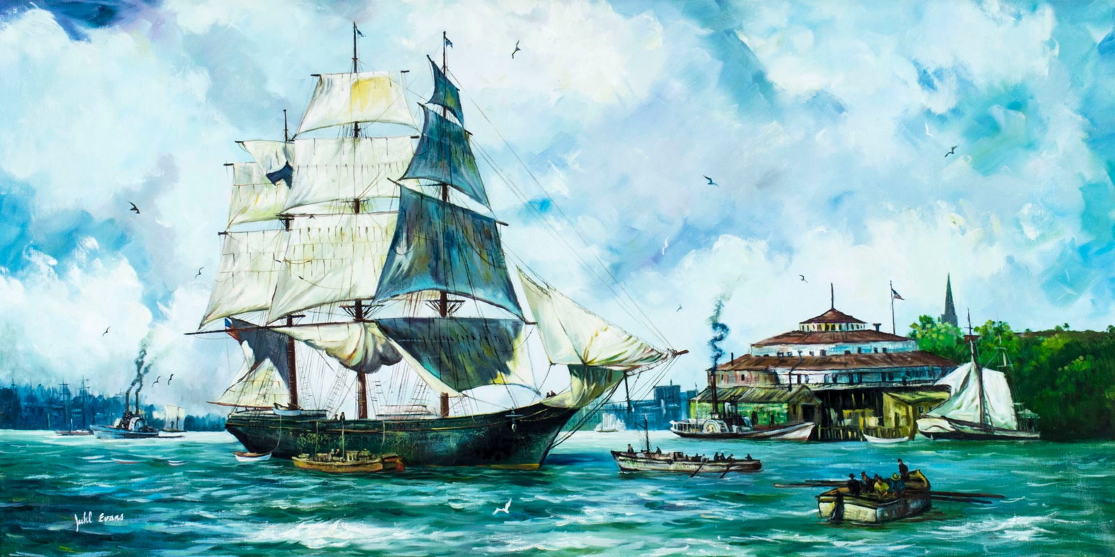 Juhl Evans (US,20C) oil painting: ARTIST: Juhl Evans (American, 20 century) NAME: Harbor Scene MEDIUM: oil on canvas CONDITION: Very good. No visible inpaint under UV light. SIGHT SIZE: 24 x 48 inches / 60 x 121 cm