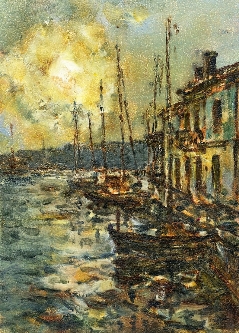 Vyacheslav Evsikov (Ukraine,b 1957) oil painting antique: ARTIST: Vyacheslav Sergeyevich Evsikov (Ukraine, born 1957) TITLE: Sunset Harbor Scene with Sailboats MEDIUM: oil on board CONDITION: Very good. No visible inpaint under UV