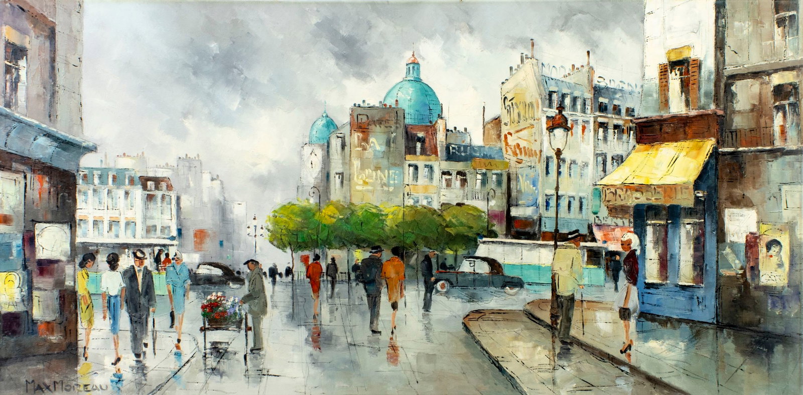 Max Moreau (France,20C) oil painting: ARTIST: Max Moreau (French, 20 century) TITLE: Paris Cityscape, France MEDIUM: oil on canvas CONDITION: Overall good. No visible inpaint under UV light. Normal wear to edges