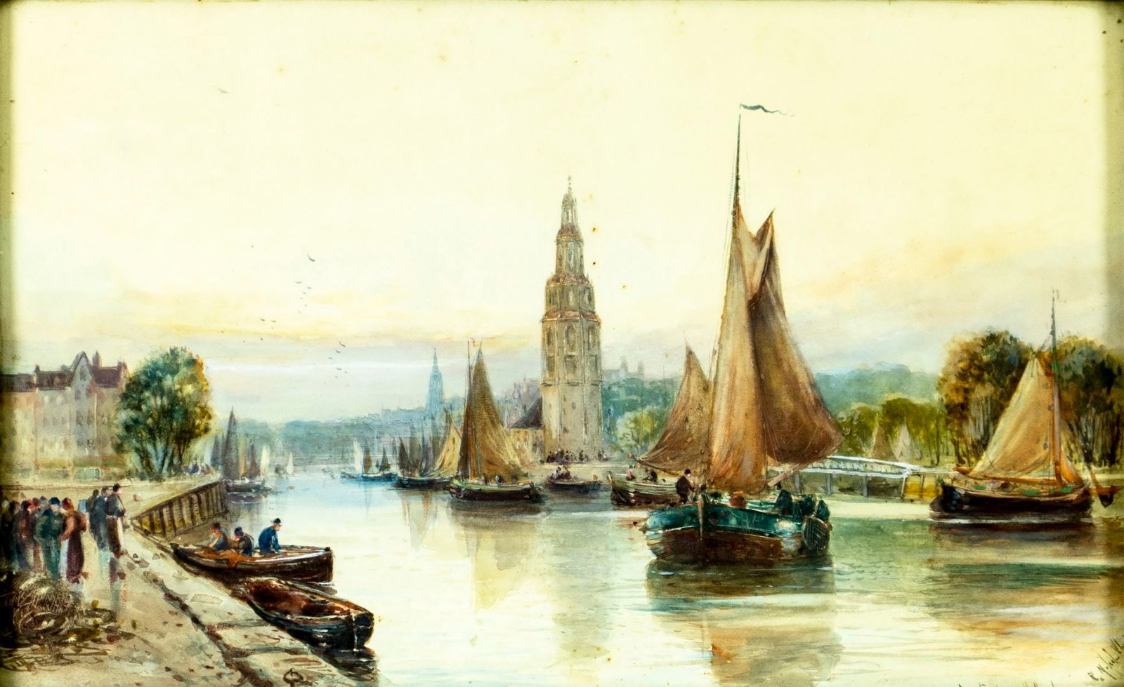 Antique early 20C Dutch watercolor painting signed: ARTIST: - (Netherlands, early 20 century) TITLE: Amsterdam Canal Cityscape, Netherlands MEDIUM: watercolor on paper CONDITION: Some age toning. Some foxing. Some damages t