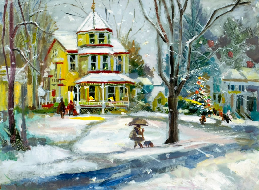 John Reilly (NY,NJ,1942-2021) oil painting: ARTIST: John Reilly (New York, New Jersey, 1942 - 2021) TITLE: Winter Town Scene with Church MEDIUM: oil on board CONDITION: Some damage to the lower left corner. No visib