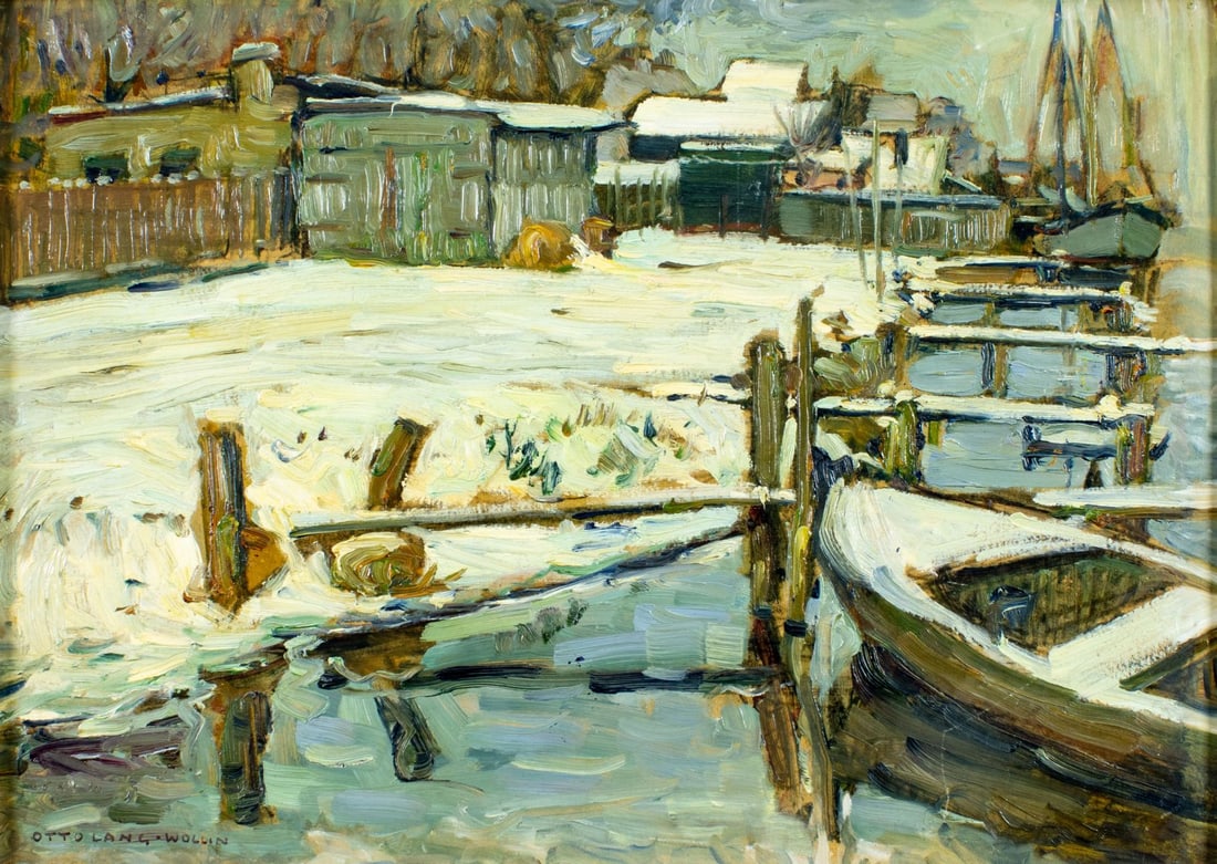 Otto Lang Wollin (German,1881-1958) oil painting: ARTIST: Otto Lang Wollin (Germany, 1881 - 1958) TITLE: Winter Canal with Boats MEDIUM: oil on board CONDITION: Few minor scratches/paint losses. No visible inpaint under U