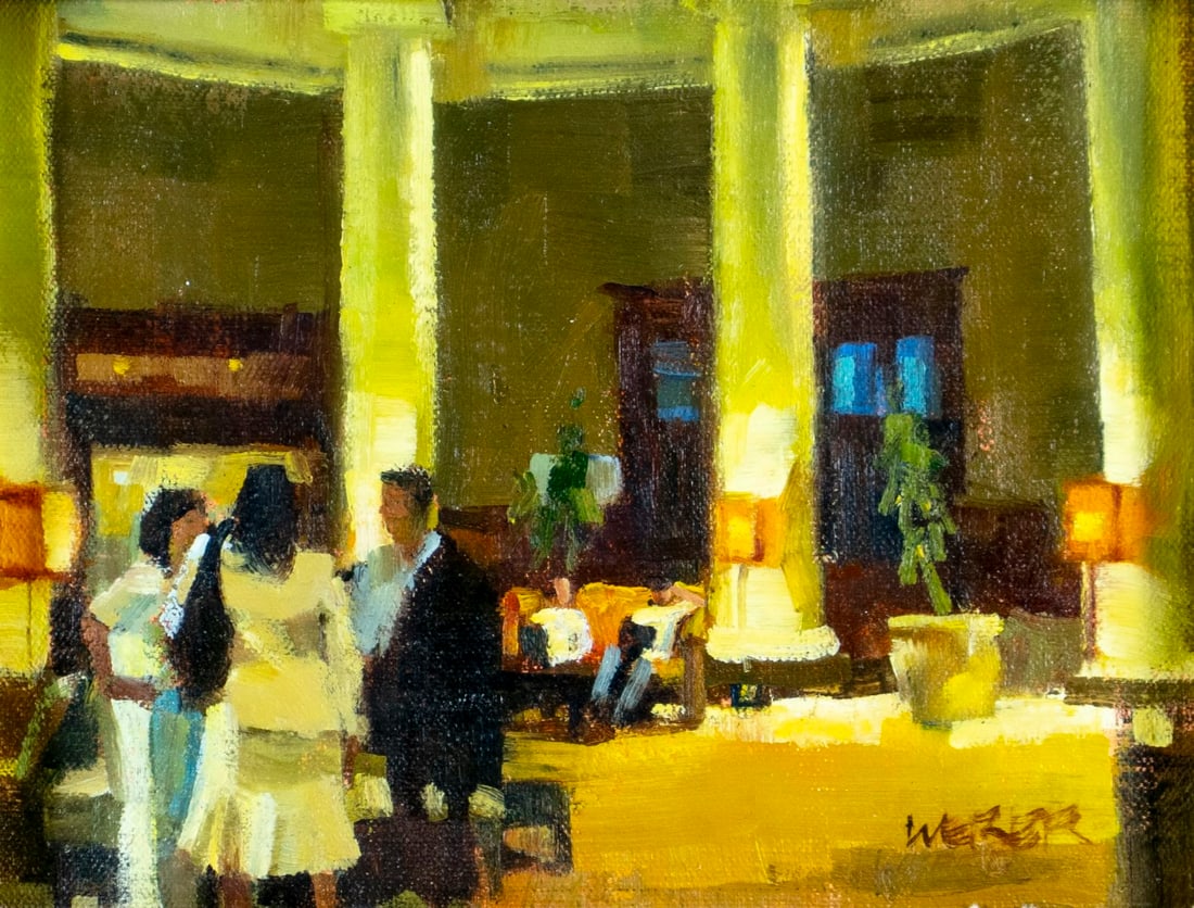 Weber (US,20C) oil painting: ARTIST: Weber (American, 20 century) TITLE: Interior Scene MEDIUM: oil on canvas CONDITION: Missing a few flakes of paint. No visible inpaint under UV light. Wear to frame.<