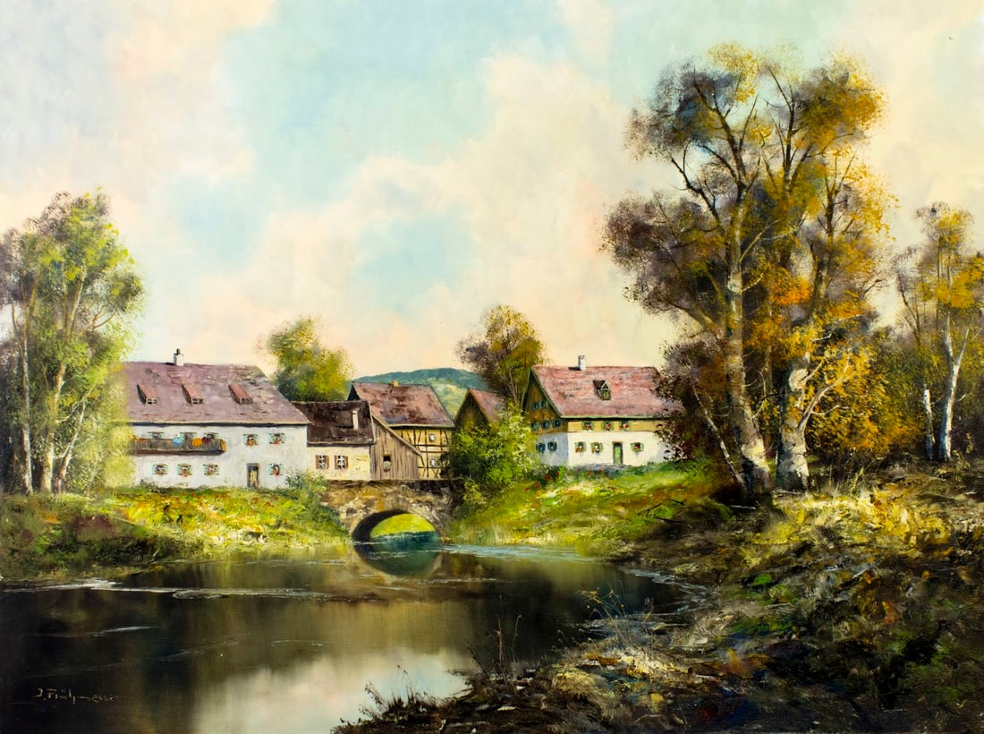 Joseph Fruhmesser (Austria,Germany,1928-1995) oil painting: ARTIST: Joseph Josef Fruhmesser (Austrian, German, 1928 - 1995) TITLE: Village River Landscape MEDIUM: oil on canvas CONDITION: Unstretched (In-House stretching available)