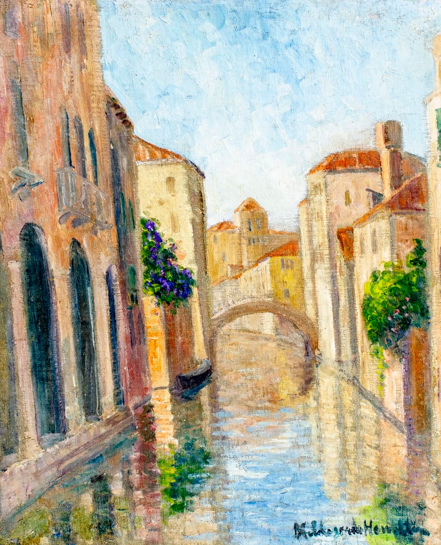 Hildegarde Hamilton (FL,VA,1898-1970) oil painting: ARTIST: Hildegarde Hume Hamilton (Florida, Virginia, 1898 - 1970) TITLE: Canal Cityscape MEDIUM: oil on canvas CONDITION: Unstretched (In-House stretching available) (In-H