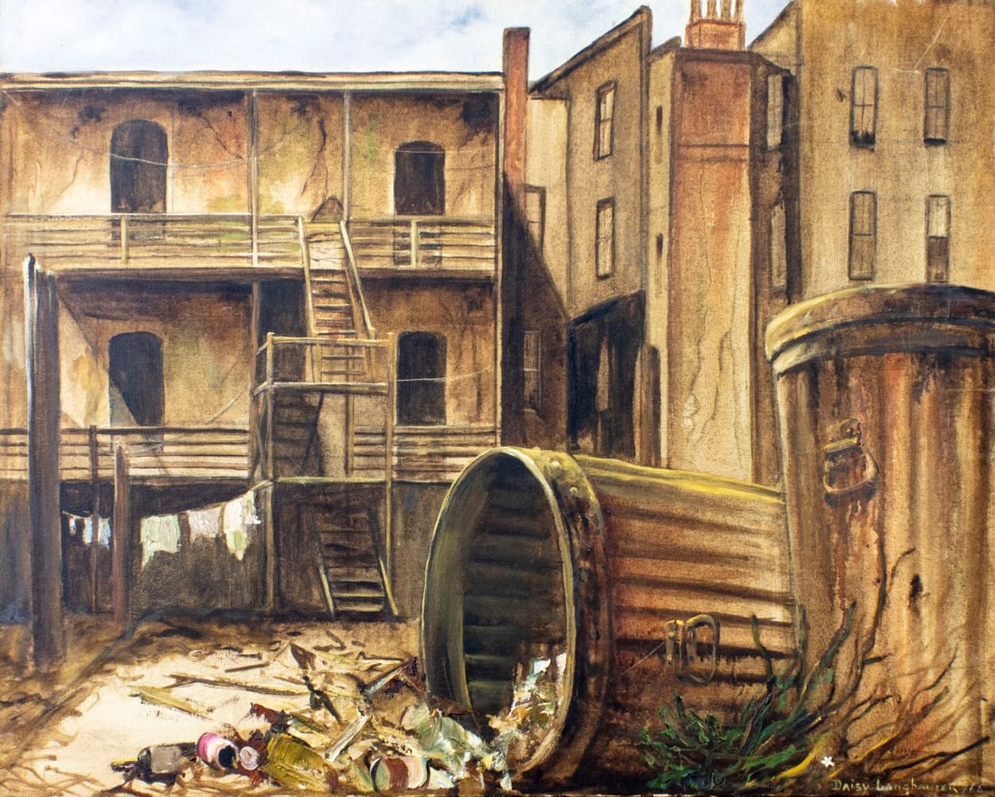 Daisy Langhauser (US,mid 20C) oil painting: ARTIST: Daisy Langhauser (American, mid 20 century) TITLE: Backyard Cityscape YEAR: 1966 MEDIUM: oil on canvas CONDITION: Few small scratches/paint losse