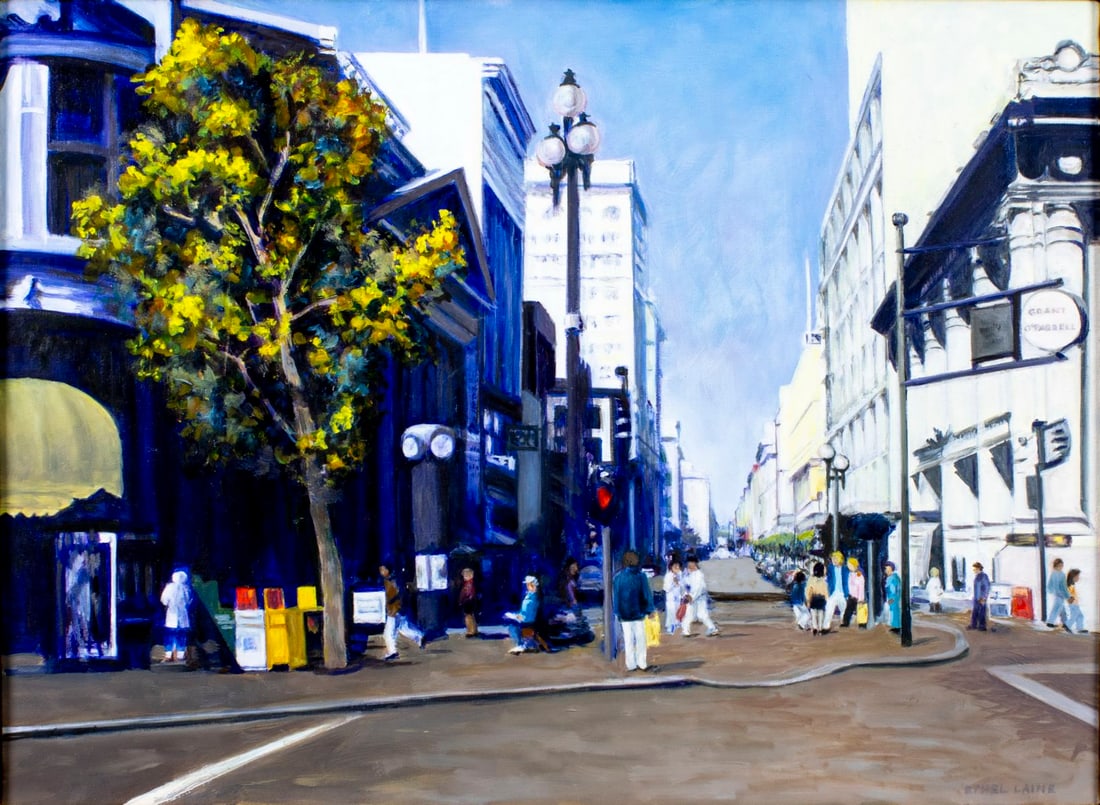 Ethel Laine (CA,1924-2024) oil painting: ARTIST: Ethel Laine (California, 1924 - 2024) TITLE: San Francisco Cityscape, CA MEDIUM: oil on canvas CONDITION: Few minor scratches/paint losses. No visible inpaint unde