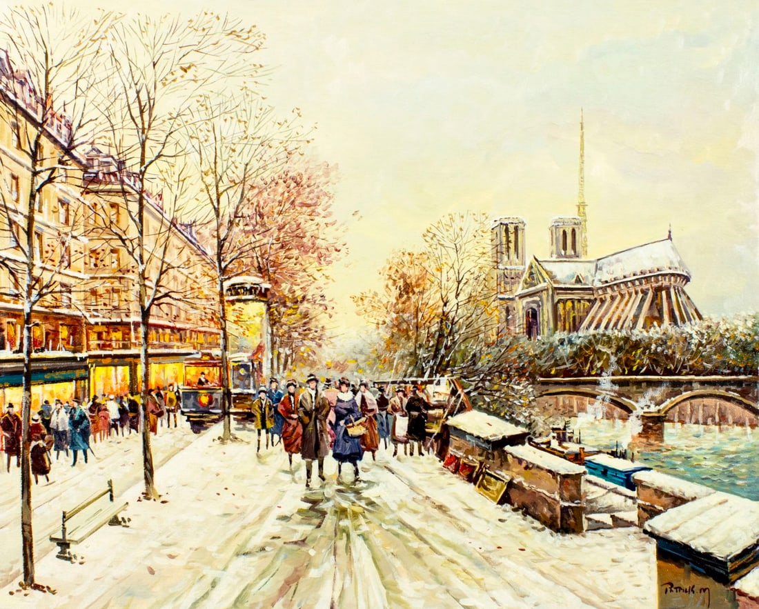 M Patrick (Europe,20C) oil painting: ARTIST: M Patrick (European, 20 century) TITLE: Paris Cityscape, France MEDIUM: oil on canvas CONDITION: Unstretched (In-House stretching available) (In-House stretching ava