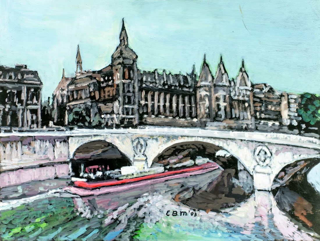 Evelyn Metzger (NY,Brazil,1911-2007) oil painting: ARTIST: Evelyn Borchard Metzger (New York, Brazilian, 1911 - 2007) TITLE: Paris Cityscape, France YEAR: 2003 MEDIUM: oil on board CONDITION: Some scratch