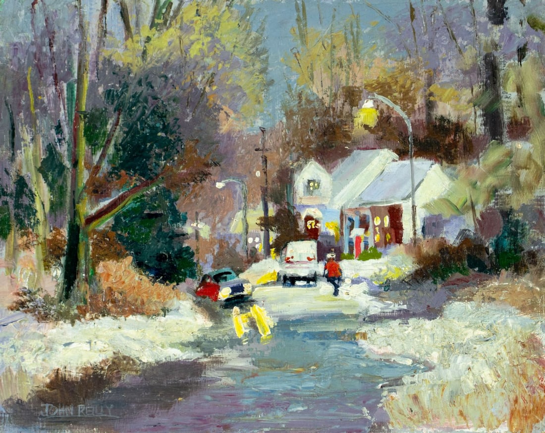 John Reilly (NY,NJ,1942-2021) oil painting: ARTIST: John Reilly (New York, New Jersey, 1942 - 2021) TITLE: Town Scene - Colonia (titled on stretcher) MEDIUM: oil on board CONDITION: Minor damages to the lower corner