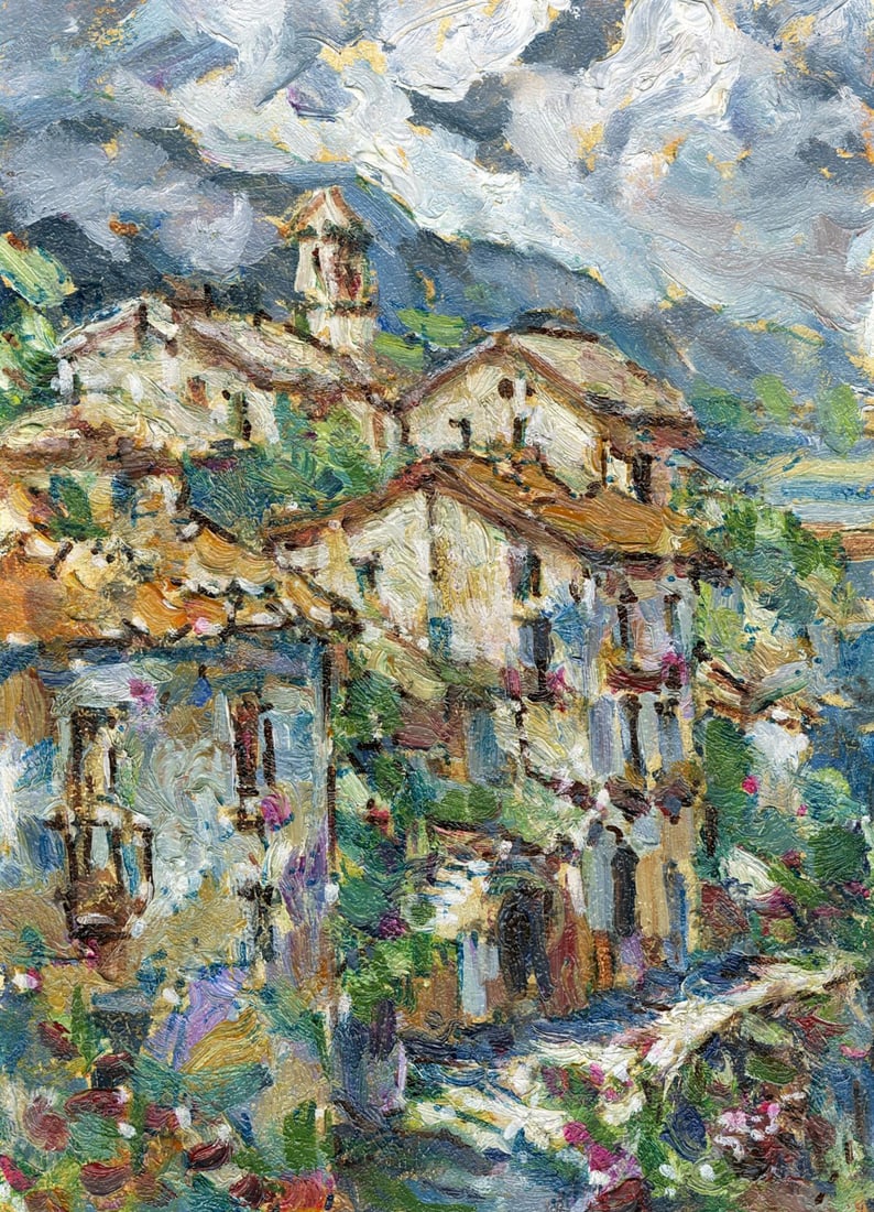 Vyacheslav Evsikov (Ukraine,b 1957) oil painting antique: ARTIST: Vyacheslav Sergeyevich Evsikov (Ukraine, born 1957) TITLE: European Town Cityscape MEDIUM: oil on board CONDITION: Very good. No visible inpaint under UV light. <