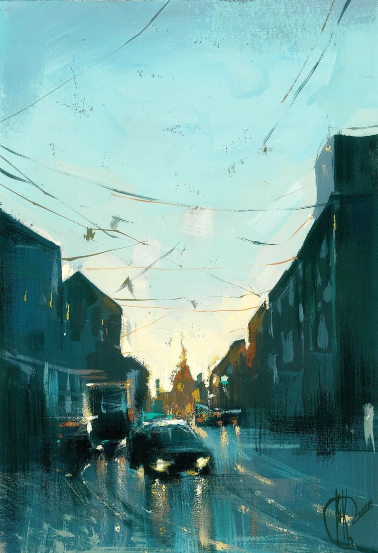 Ivanna Kotulych (Ukraine,20/21C) acrylic painting: ARTIST: Ivanna Kotulych (Ukrainian, 20/21 centuries) TITLE: Evening Cityscape with Cars MEDIUM: acrylic on heavy paper CONDITION: Very good. ART SIZE: 8