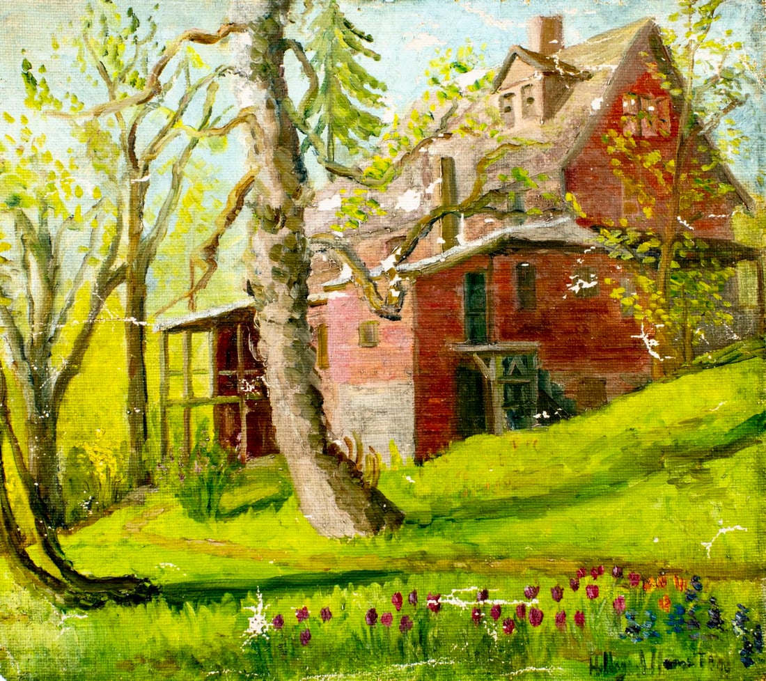 Hildegarde Hamilton (FL,VA,1898-1970) oil painting: ARTIST: Hildegarde Hume Hamilton (Florida, Virginia, 1898 - 1970) TITLE: Landscape with Cottage MEDIUM: oil on canvas CONDITION: Unmounted. Some flaking/paint losses (see