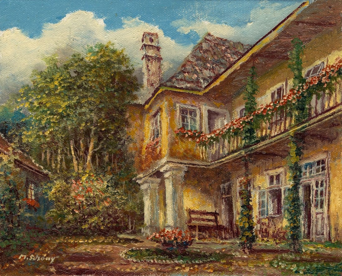 M Schony (German,1913-?) oil painting: ARTIST: M Schony (Germany, 1913 - ???) TITLE: Town Scene, Austria MEDIUM: oil on canvas CONDITION: Unstretched (In-House stretching available) (In-House stretching availab