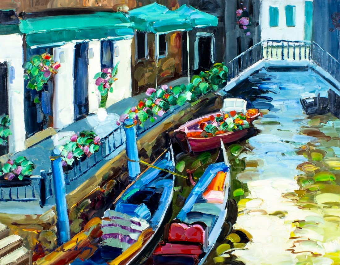 Lisandro Baylon (Argentina,US,1951-?) oil painting: ARTIST: Lisandro Lopez Baylon (Argentinian, American, 1951 - ???) TITLE: Venice Cityscape with Gondolas MEDIUM: oil on canvas CONDITION: Unstretched (In-House stretching a