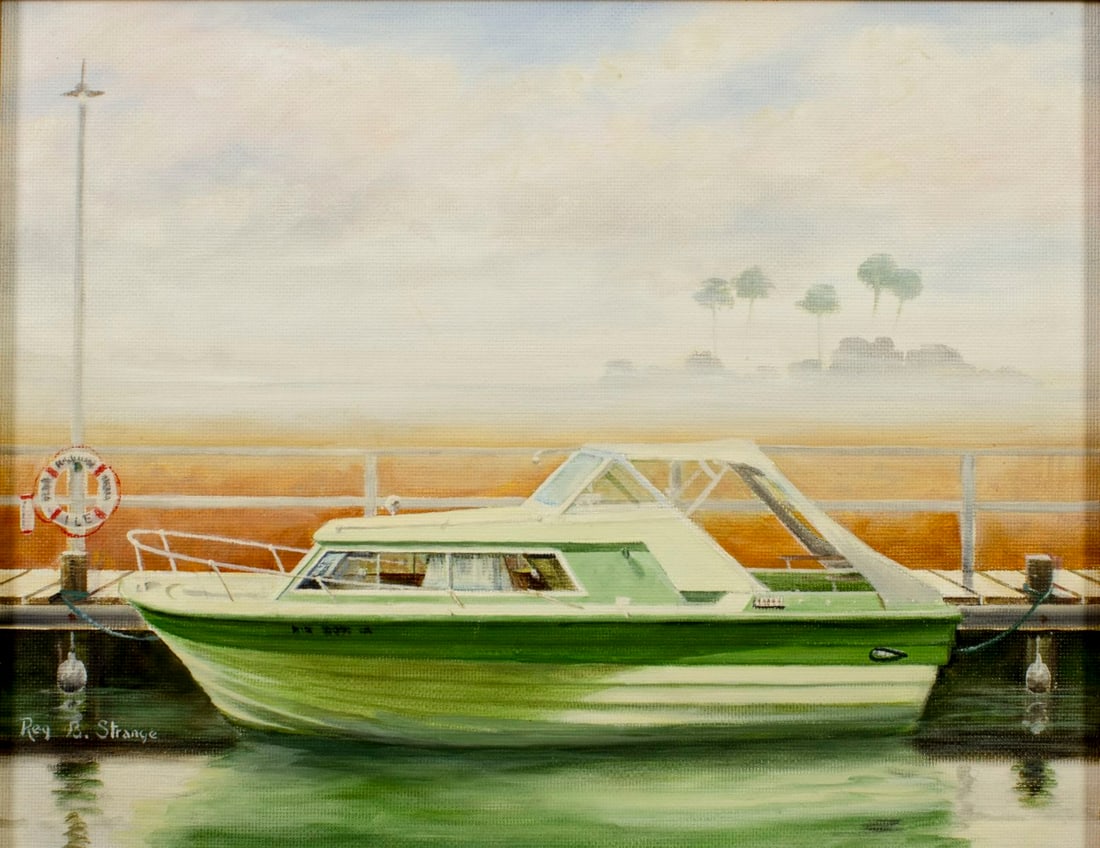 Reg B Strange (FL,20C) oil painting: ARTIST: Reg B Strange (Florida, 20 century) TITLE: Sescape with Boat MEDIUM: oil on board CONDITION: Very good. No visible inpaint under UV light. ART SIZE: