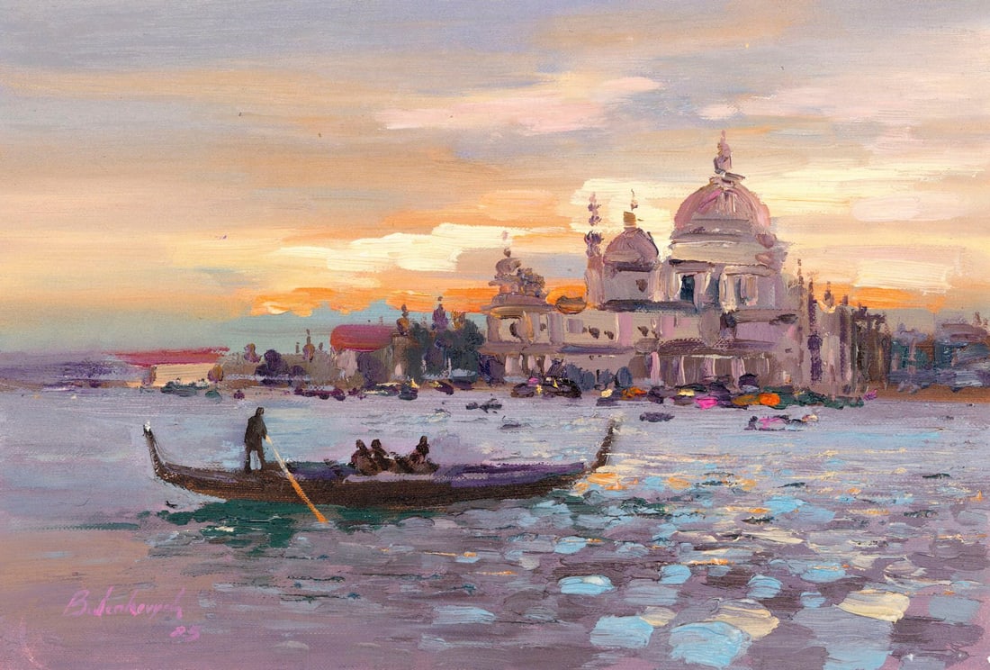 Volodymyr Budenkevych (Ukraine,20/21C) oil painting: ARTIST: Volodymyr Budenkevych (Ukrainian, 20/21 centuries) TITLE: Sunset Venice Cityscape, Italy MEDIUM: oil on heavy paper CONDITION: Very good. No visible inpaint under UV
