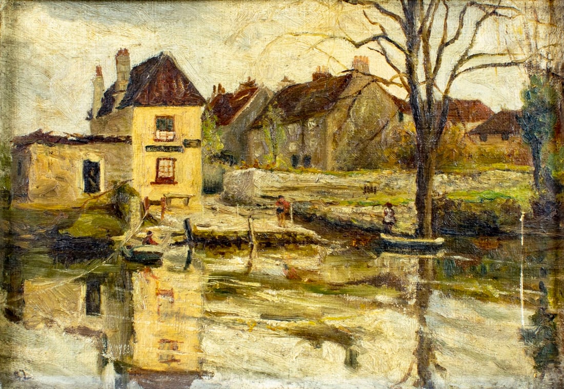 Antique early 20C British oil painting: ARTIST: - (United Kingdom, early 20 century) TITLE: Bristol Canal Cityscape, UK (titled on stretcher) MEDIUM: oil on canvas board CONDITION: Few small scratches/paint loss