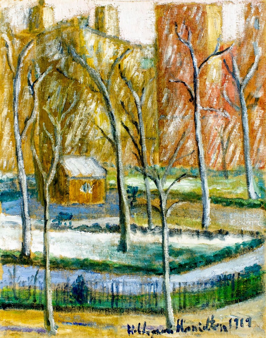 Hildegarde Hamilton (FL,VA,1898-1970) oil painting: ARTIST: Hildegarde Hume Hamilton (Florida, Virginia, 1898 - 1970) TITLE: Winter Park Cityscape YEAR: 1969 MEDIUM: oil on canvas CONDITION: Missing a fe