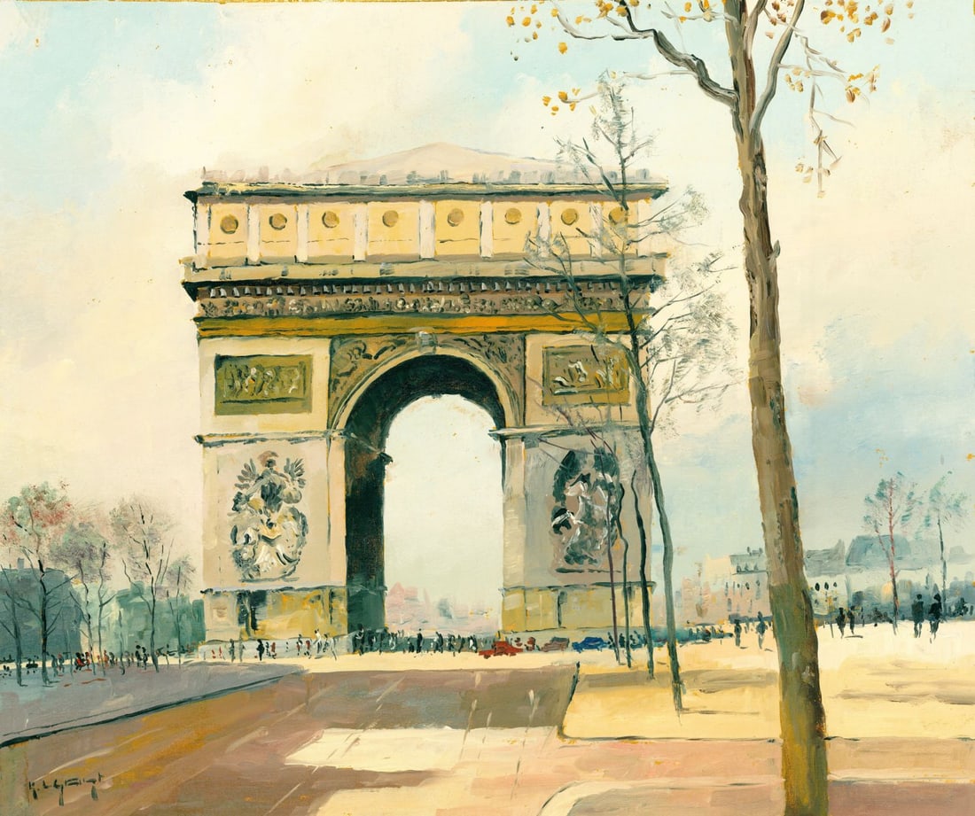 Karl Ludwig Gast (German,1907-?) oil painting: ARTIST: Karl Ludwig Gast (Germany, 1907 - ???) TITLE: Cityscape - LArc de Triomphe de LEtoile, Paris YEAR: 1991 MEDIUM: oil on canvas CONDITION: Unstre