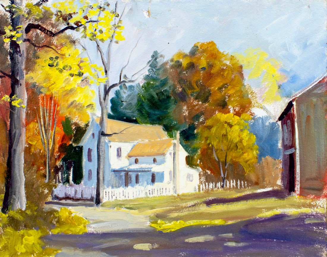 George Holloway (NJ,20C) oil painting: ARTIST: George Holloway (New Jersey, 20 century) TITLE: Autumn Town Scene MEDIUM: oil on board CONDITION: Overall good. No visible inpaint under UV light. Normal wear along