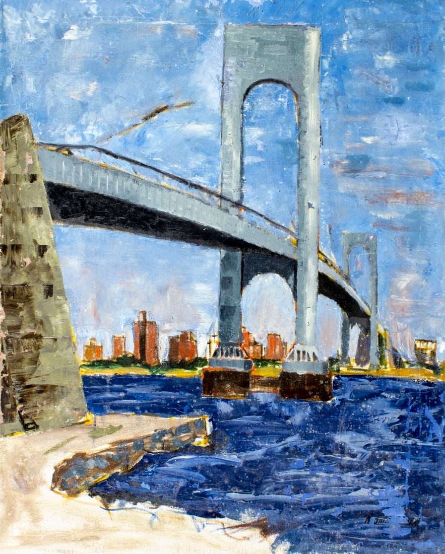 Nat Smolin (NY,1890-1950) oil painting: ARTIST: Nat C Smolin (New York, 1890 - 1950) TITLE: Bridge Cityscape, NY MEDIUM: oil on canvas CONDITION: Two patches. Some flaking/paint losses (see pictures carefully).