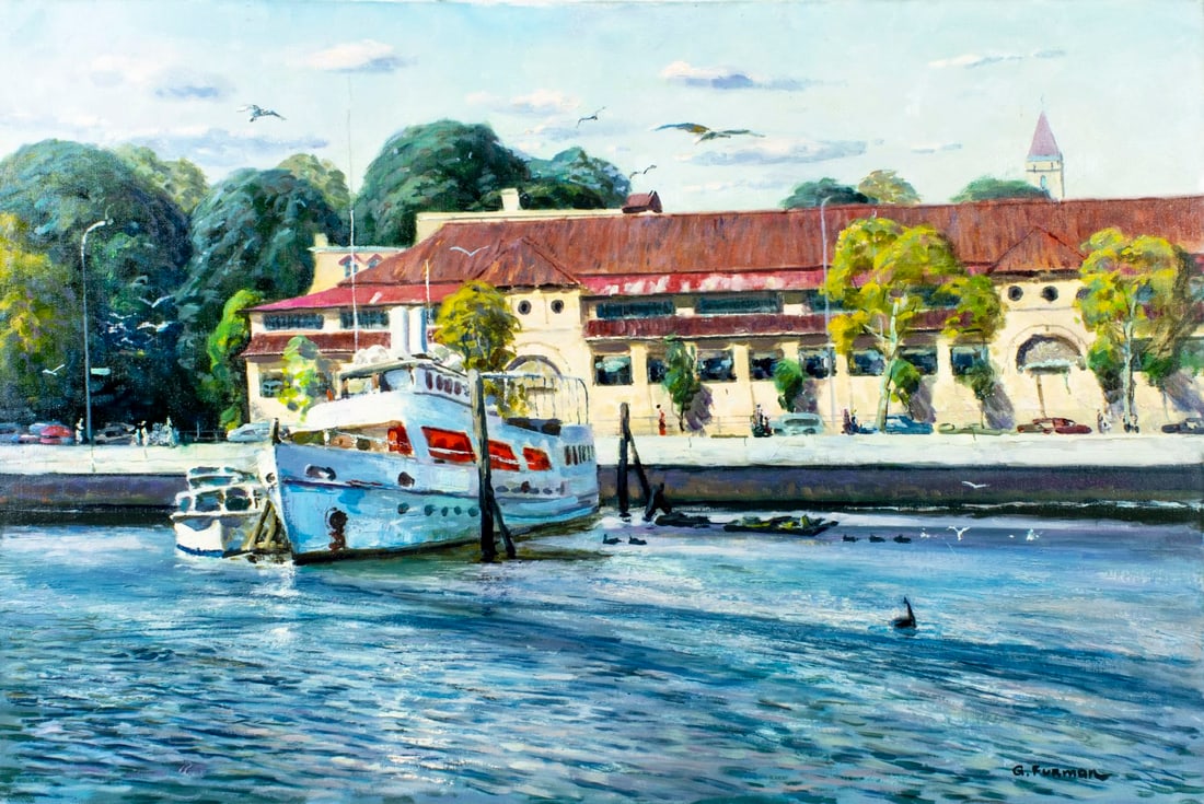 G Furman (20C) oil painting: ARTIST: G Furman (20 century) TITLE: Harbor Scene MEDIUM: oil on canvas CONDITION: Unstretched (In-House stretching available) (In-House stretching available). Overall good.
