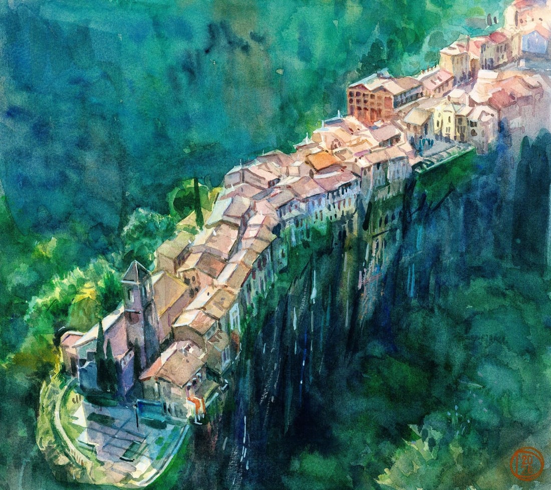 Olena Didenko (Ukraine,20/21C) watercolor painting: ARTIST: Olena Didenko (Ukrainian, 20/21 centuries) TITLE: Cityscape - Castellfollit de la Roca, Spain MEDIUM: watercolor on heavy paper CONDITION: Very good. ART